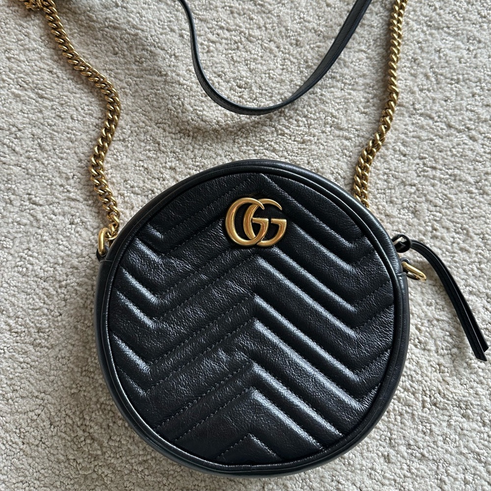 Gucci Black and Gold Marmont Crossbody Bag with Chevron Quilting